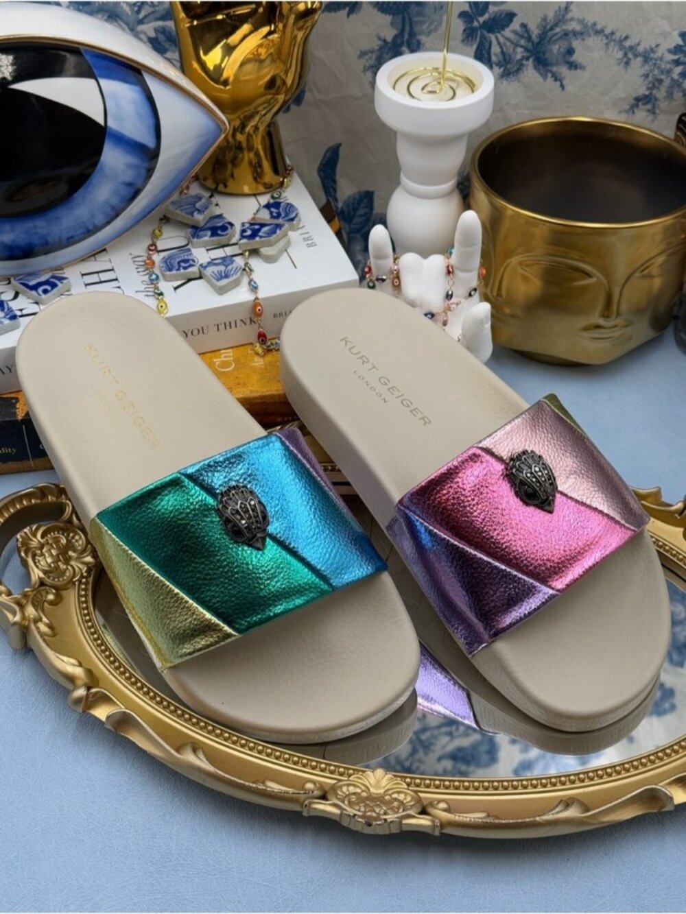 🆕 KURT GEIGER LONDON 🧿 NWOT Meena Eagle Pastel Metallic Slide, Sz 36.5 US 6.5